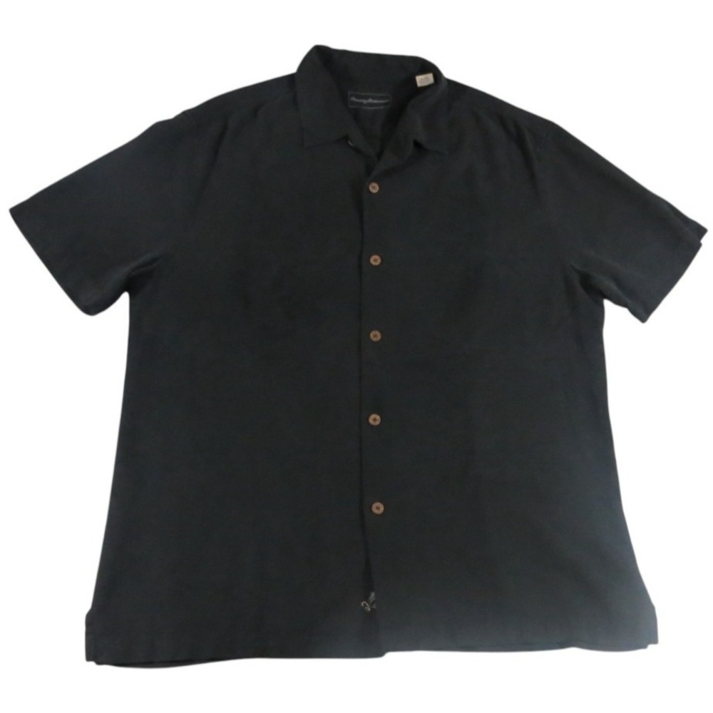Tommy Bahama Shirt Men XL Black 100% Silk Short Sleeve Button Up Camp Solid Luxe